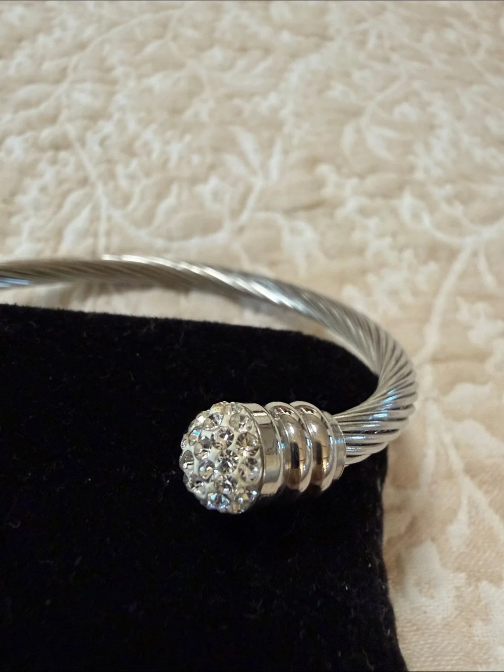 Silver-Tone Twisted Cable Cuff Bracelet with Pavé End Caps
